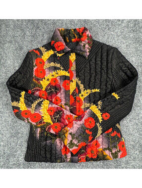 UbU Womens Jacket Size Small Black Floral Beaded Crinkle  Button Front Jacket